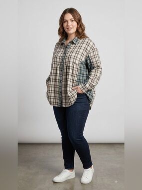 HeySon Plaid Babydoll Tunic Blouse NWT 1XL Oversized Button Front